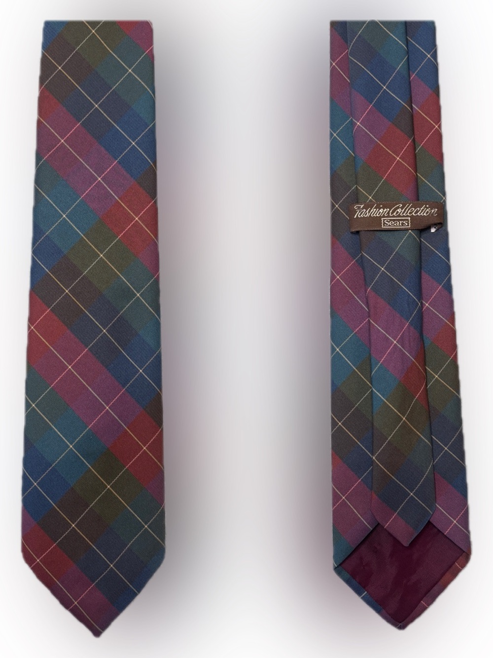 Vintage Sears Plaid Men’s Tie Shades of Burgundy Blue Green